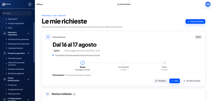 Area personale italiana con richiesta ferie in bozza, fasi della richiesta e storico demo.