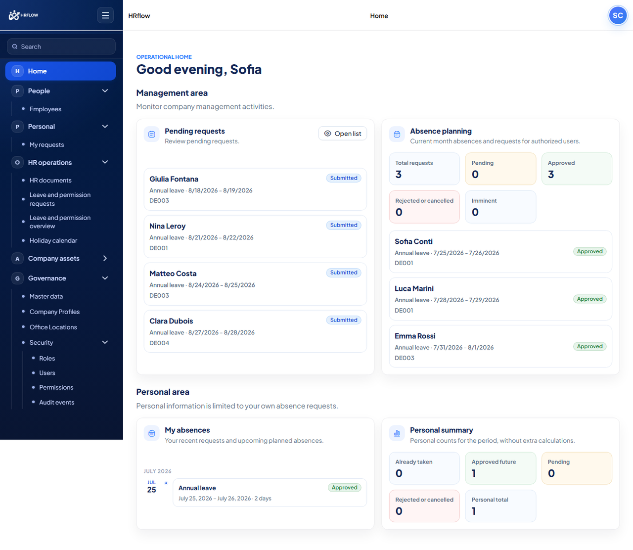 English HR Flow dashboard with pending requests, absence planning and personal summary cards from the demo environment.