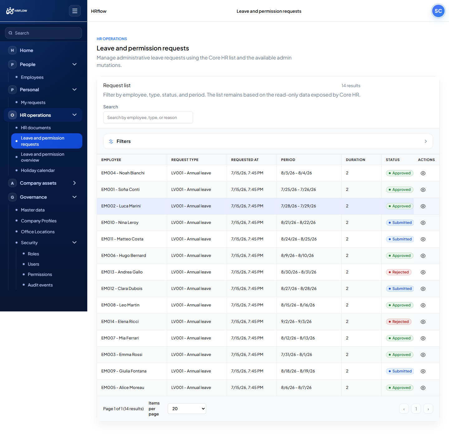 English leave and time-off request list with statuses and administrative filters.