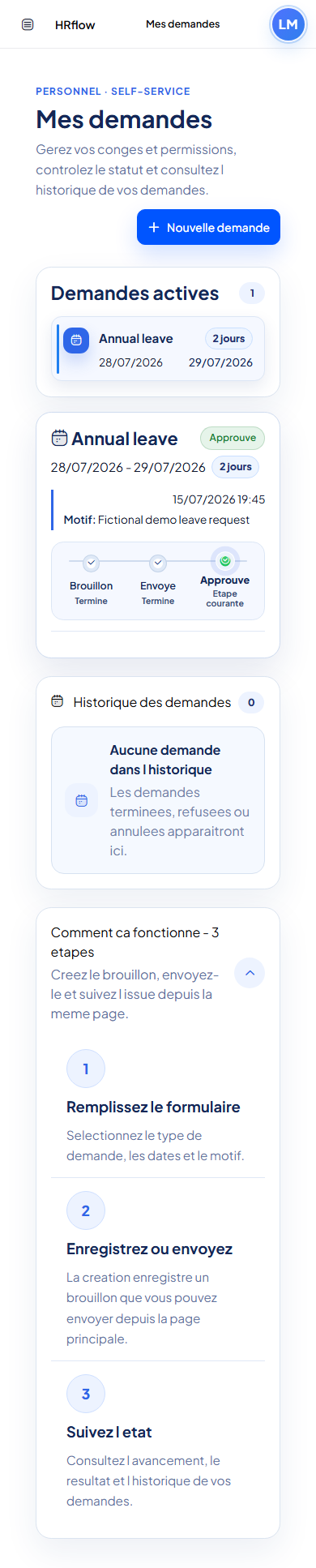 Espace personnel mobile en français avec demandes de congés et historique de démonstration.