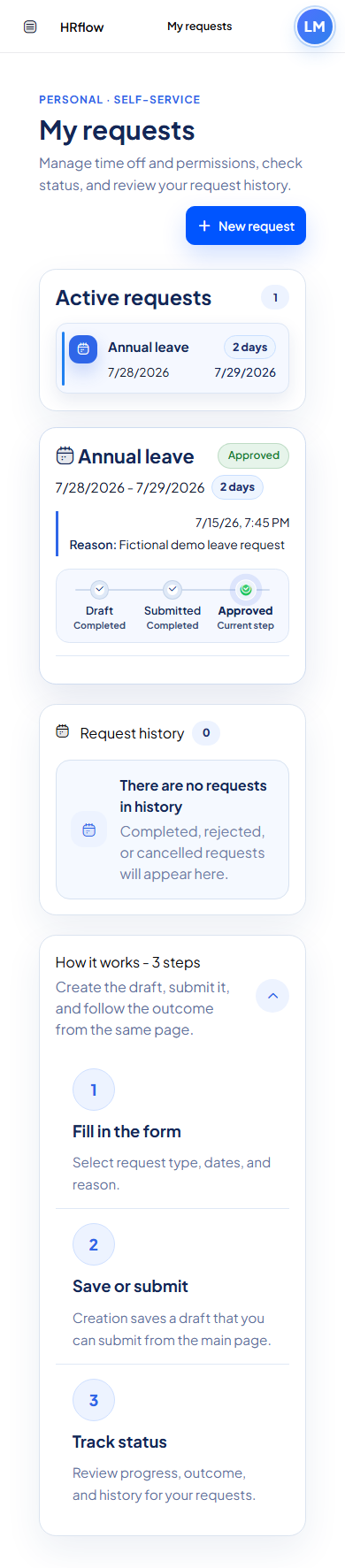 English mobile self-service area with personal leave requests and demo request history.